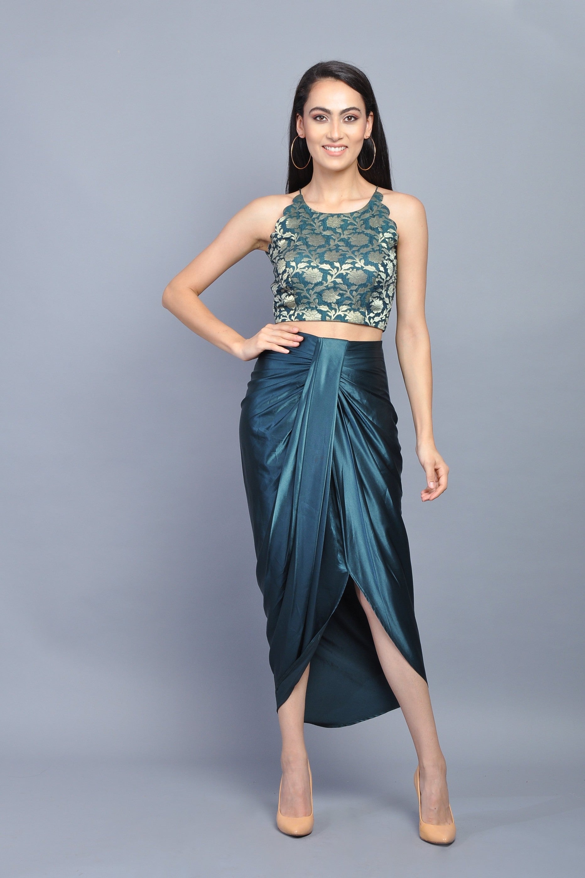 Teal Satin Drapped Dhoti Skirt – Ranng