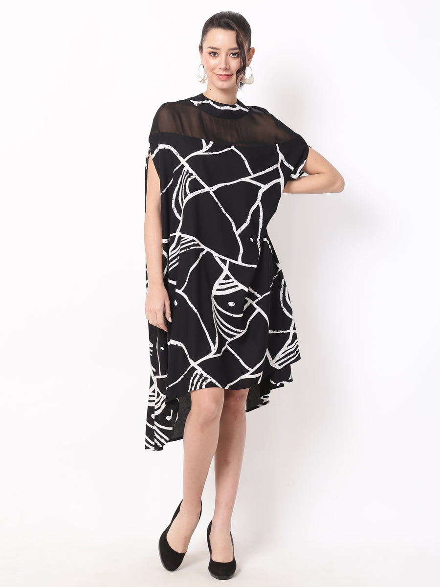 Buy Black Abstract High-Low Dress with Sheer Neckline Trendy Women's Dresses Online Ranng Buy Black Abstract High-Low Dress with Sheer Neckline Trendy Women's Dresses Online Ranng