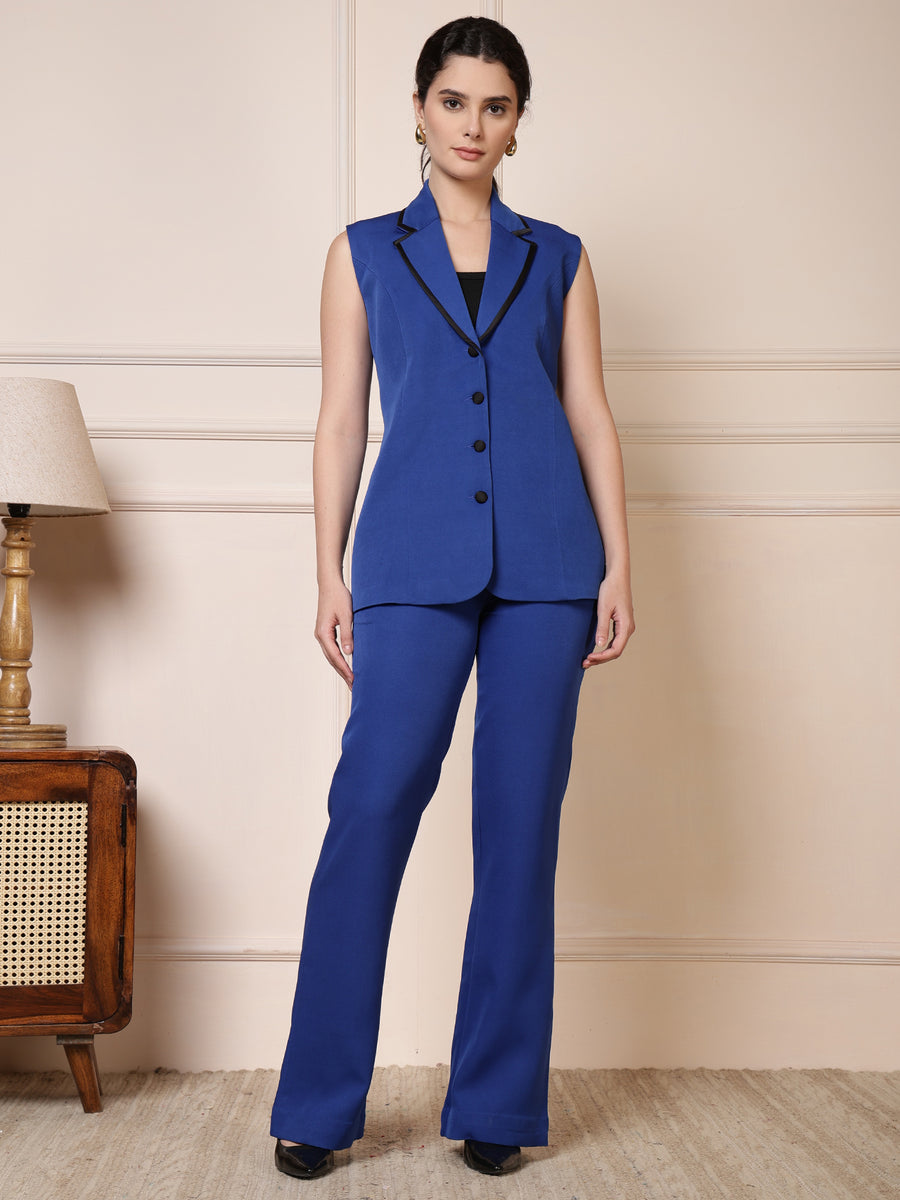 Women Royal Blue Sleeveless Formal Suit set