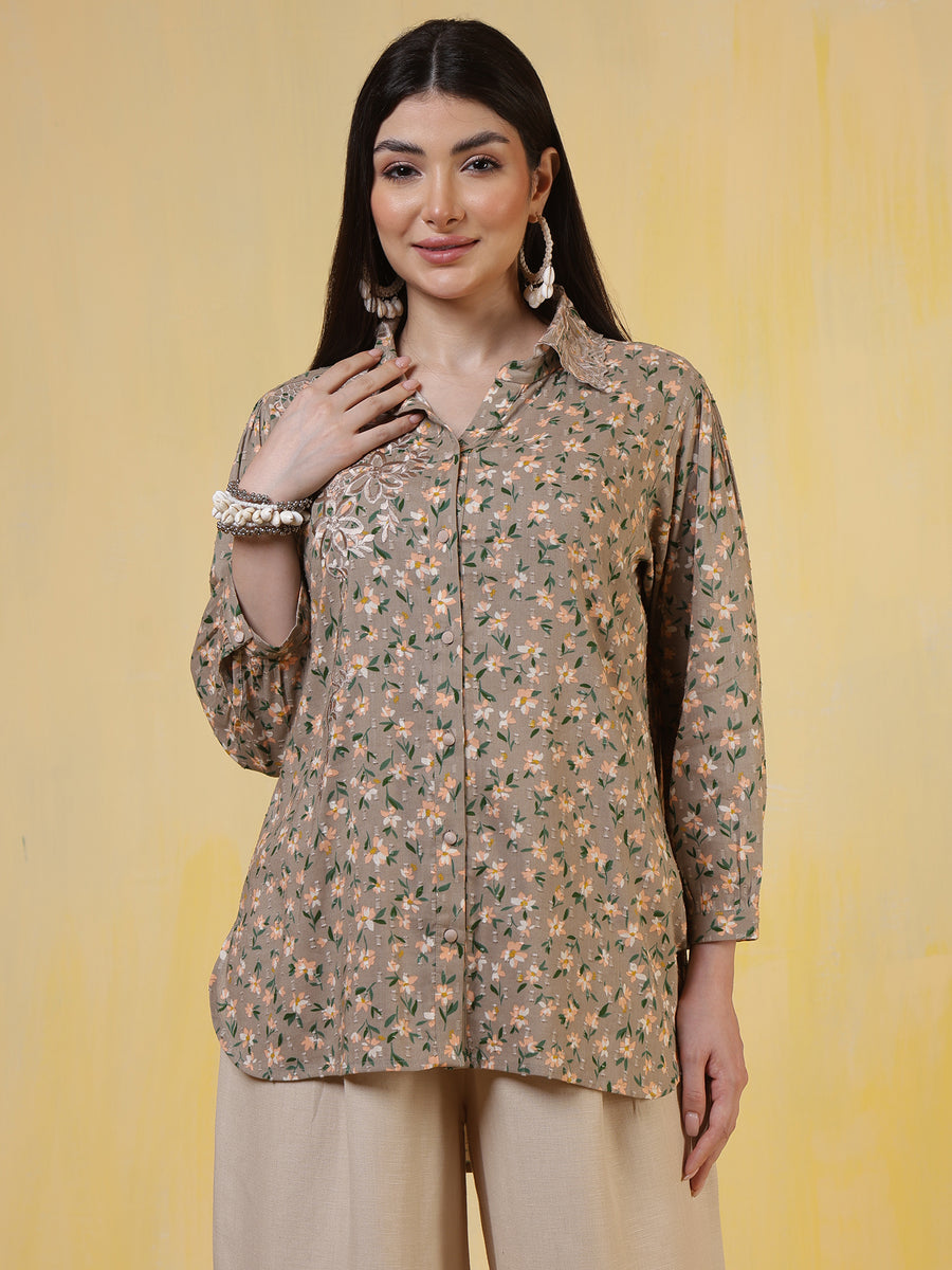 Women’s beige floral printed shirt with 3/4th sleeves and embroidered detail – casual cotton shirt top