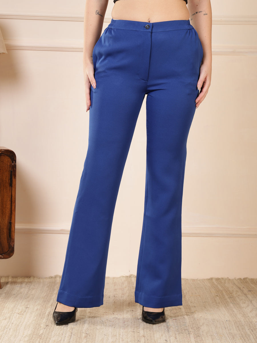 Women Royal Blue Solid Straight Fit Formal Trousers