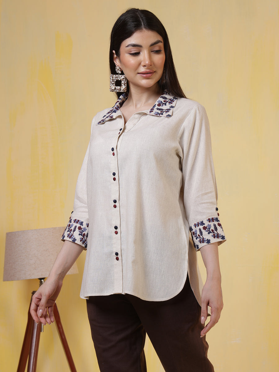 Beige Embroidered Cotton-Linen Shirt for Women with Contrast Collar & Cuff Detailing