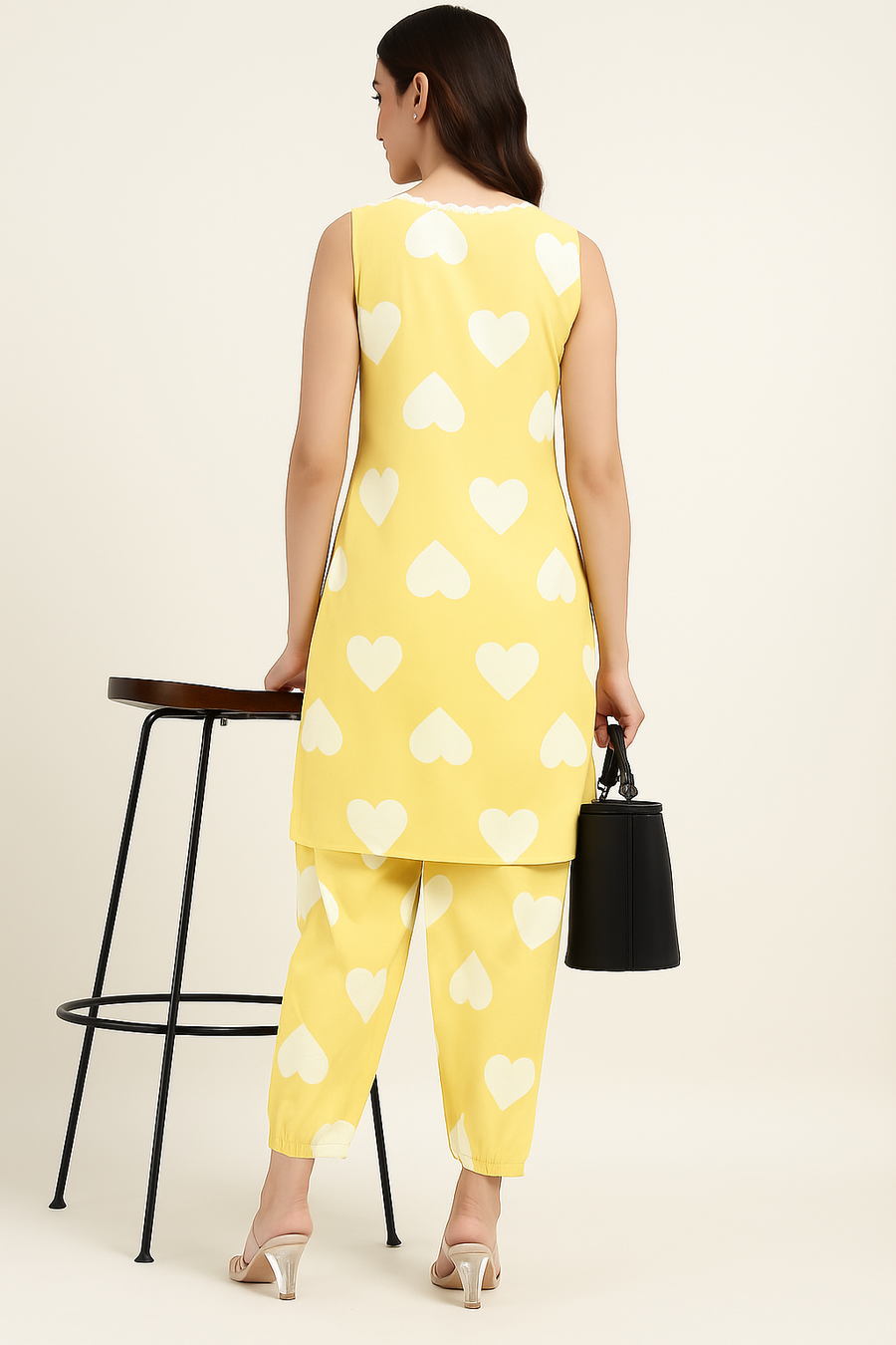 Yellow Heart Print Co-ord Set for Women – Sleeveless Kurta with Matching Pants