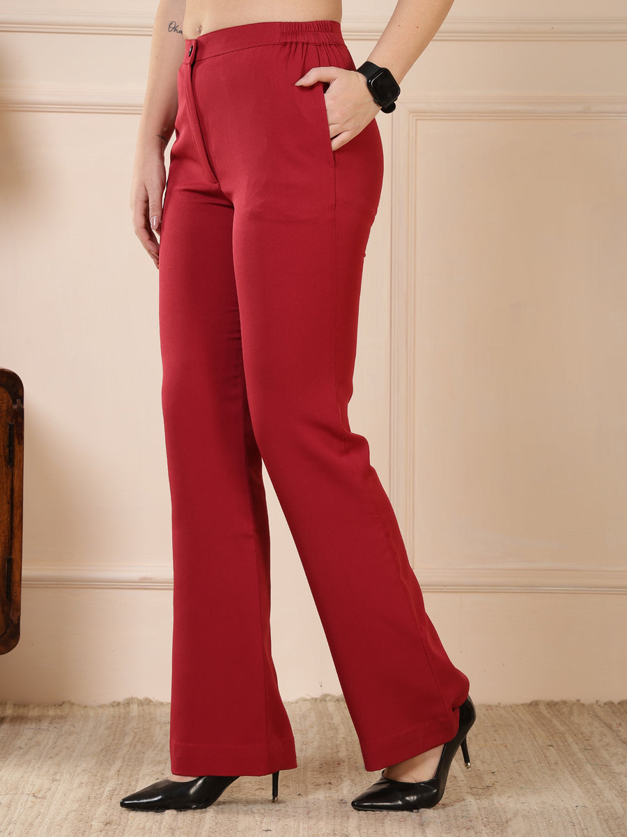 Berry Red Solid Straight Fit Formal Trousers