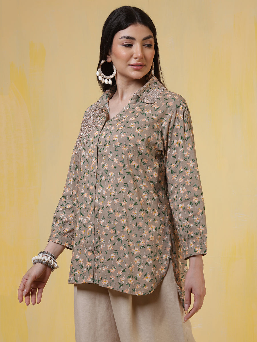 Beige Floral Printed Cotton Shirt for Women with Embroidered Detail & 3/4th Sleeves