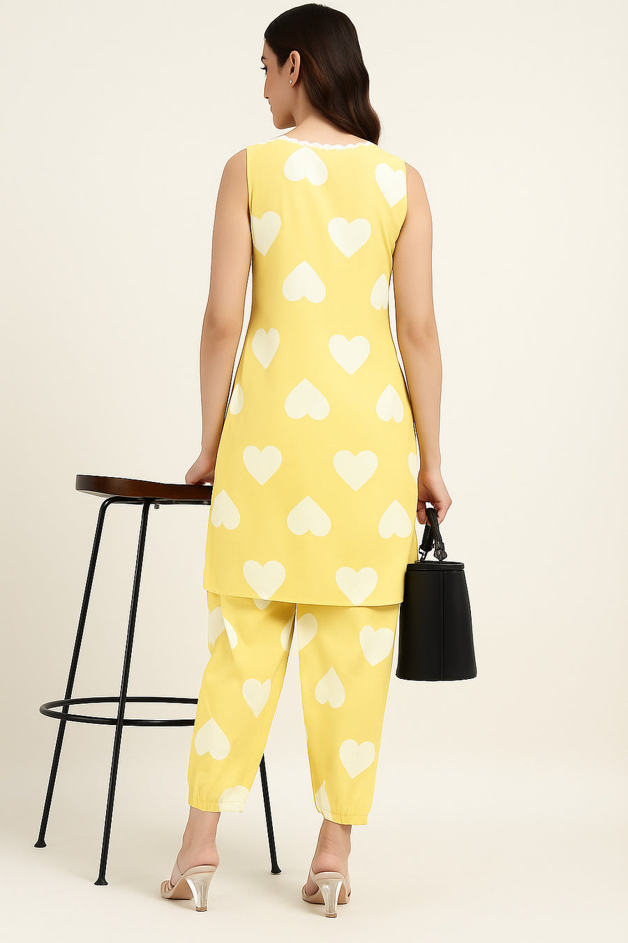 Yellow Heart Print Co-ord Set for Women – Sleeveless Kurta with Matching Pants