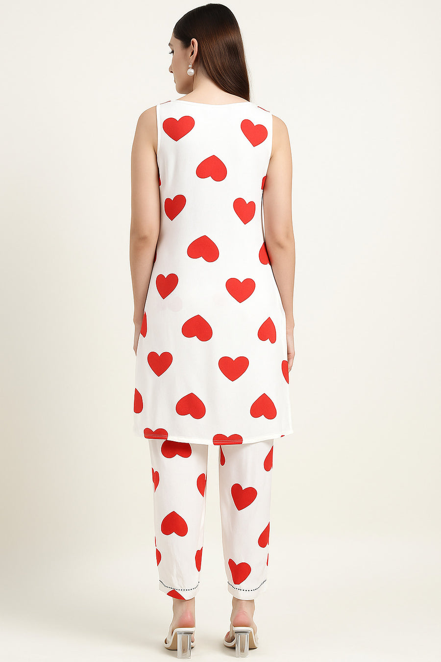White & Red Heart Print Co-ord Set for Women – Sleeveless Kurta with Pants