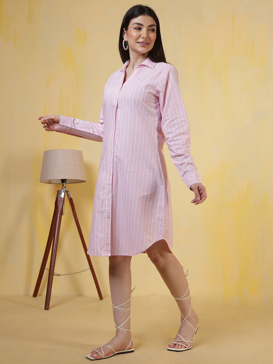 Women's Pink & White Stripe Cotton Shirt Dress – Long Sleeve Casual & Office Wear