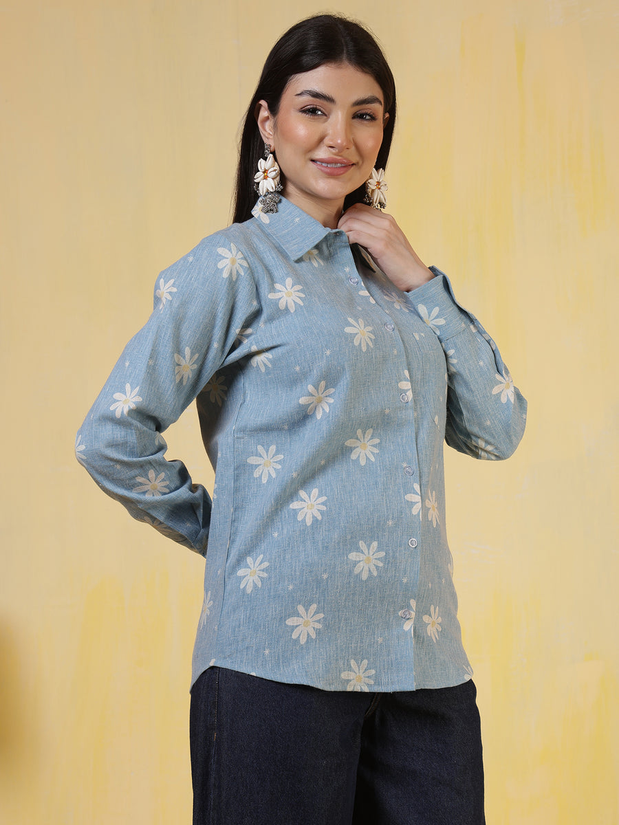 Women's Blue Floral Printed Cotton Denim-Look Shirt – Casual & Workwear
