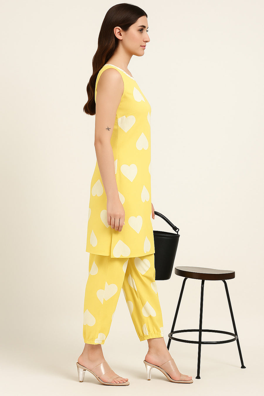 Yellow Heart Print Co-ord Set for Women – Sleeveless Kurta with Matching Pants