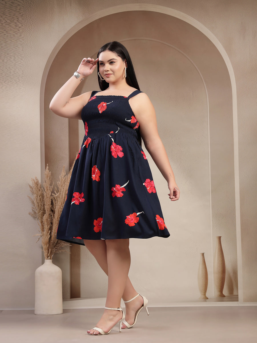 Navy Blue Floral Fit & Flare Dress for Women – Sleeveless Summer Casual Wear