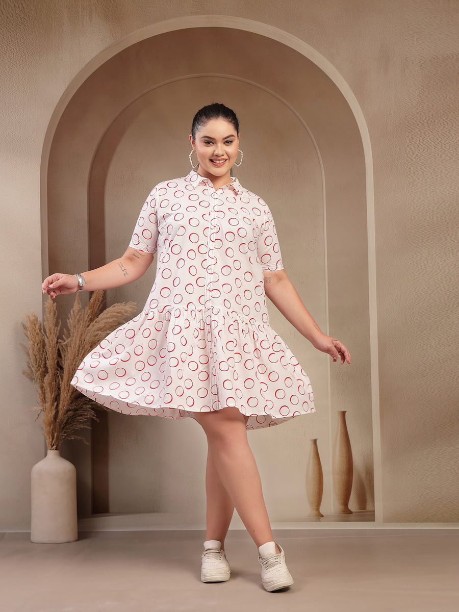 White Polka Dot Printed Shirt Casual Button-Down Flared Mini Women Dress