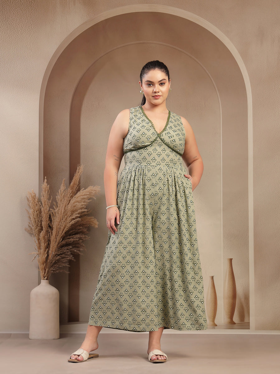 Olive Green Printed Sleeveless Maxi Dress with Deep V-Neck & Lace Detail – Elegant Summer Look