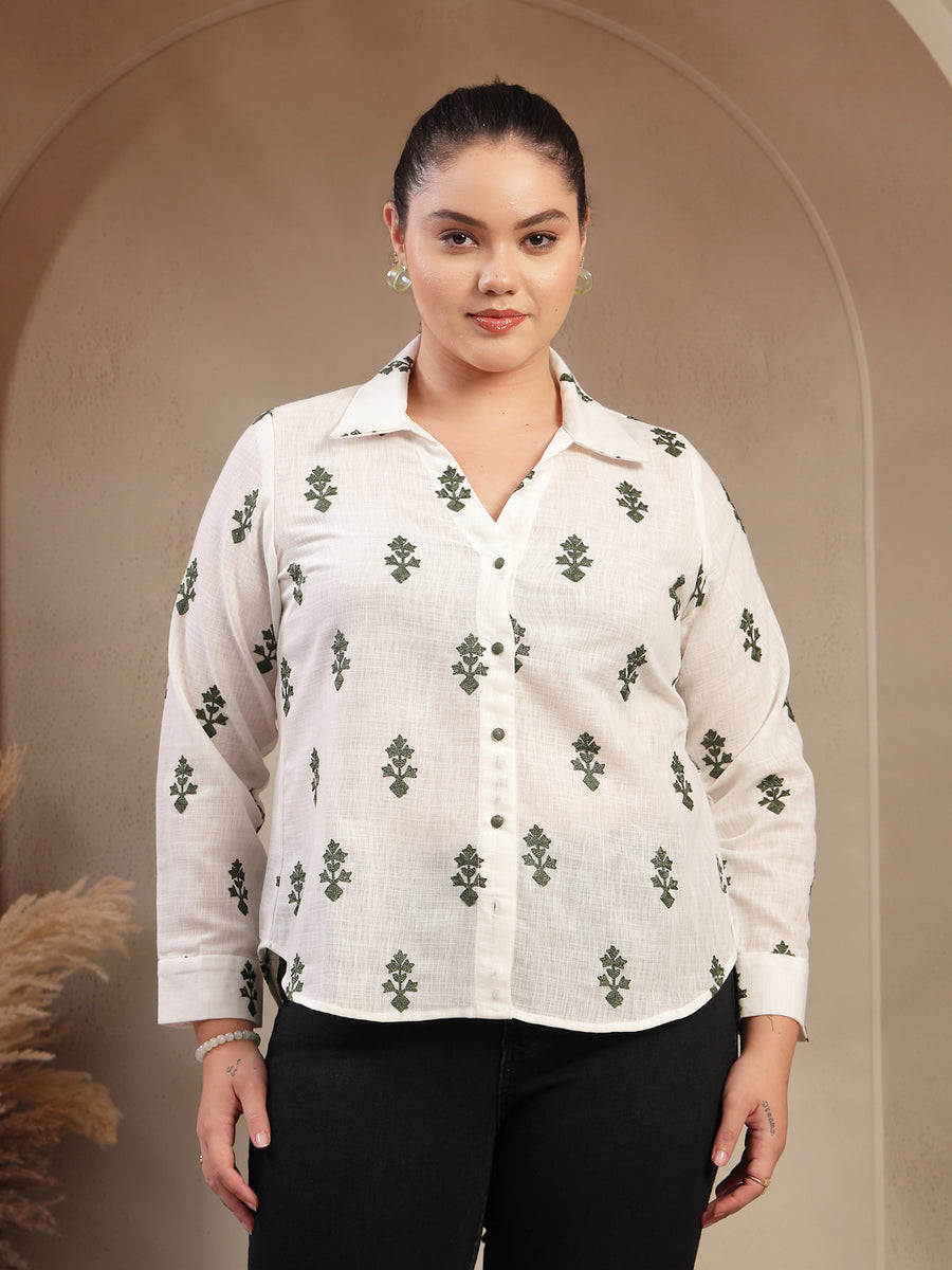 Women’s Floral Embroidered Relaxed Fit Cotton Collared Shirt | Summer Brunch & Travel Wear