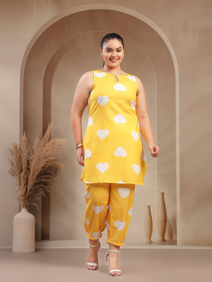 Yellow Heart Print Co-ord Set for Women – Sleeveless Kurta with Matching Pants
