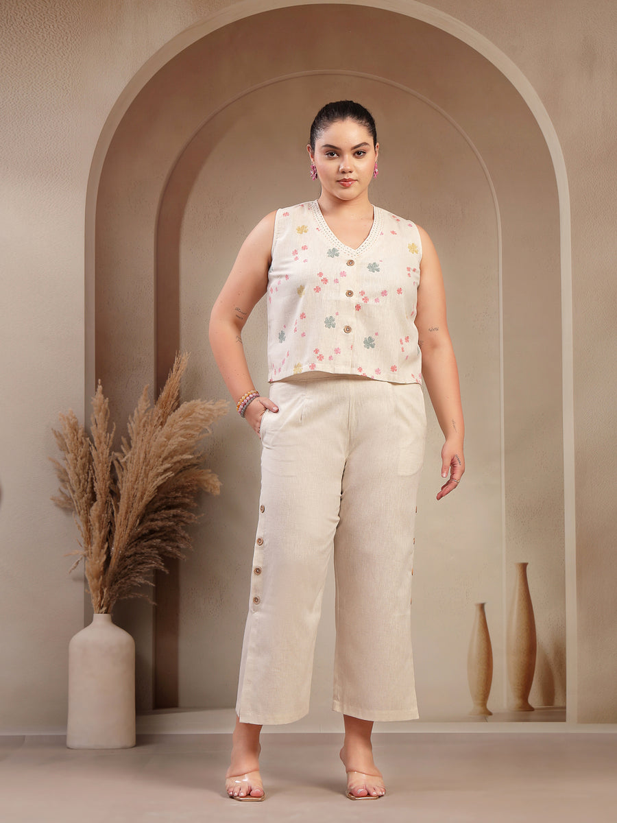 Beige Floral Printed Co-Ord Set for Women | Crop Top with Wide-Leg Pants | Summer Resort Wear