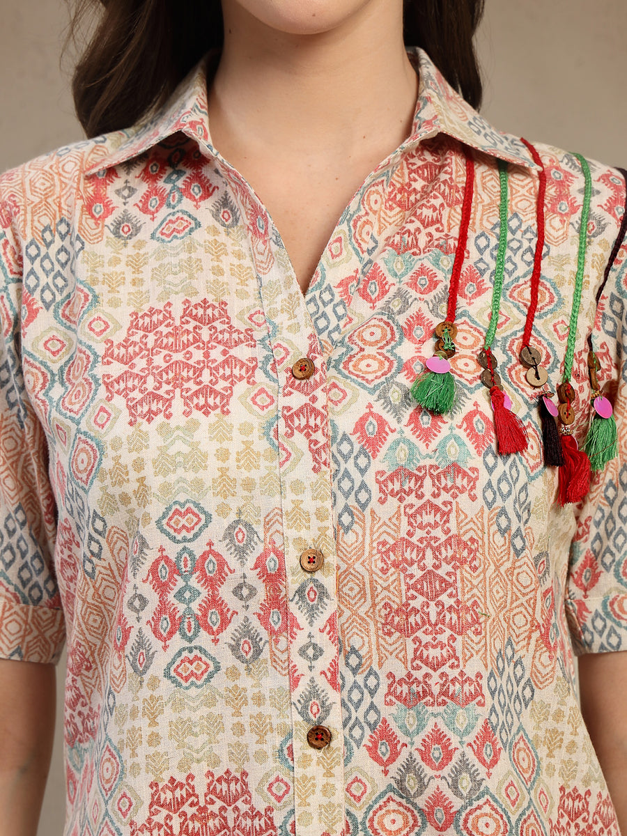 Multicolor Ethnic Printed Shirt Dress with Tassel Detail – Casual Knee-Length Dress for Women