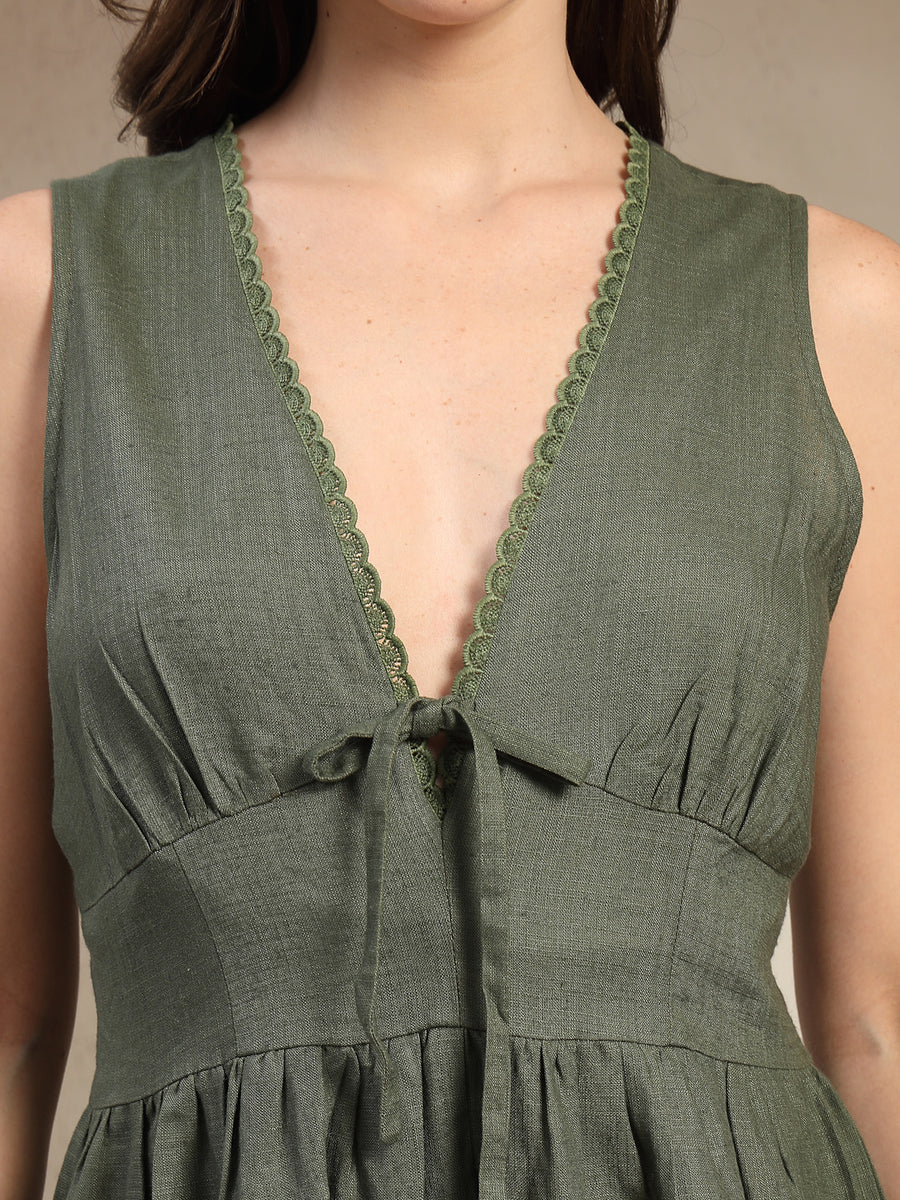 Olive Green V-Neck Sleeveless Playsuit for Women
