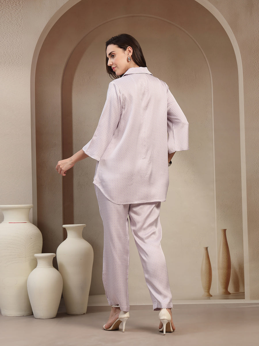Light Mauve Printed Co-ord Set with Button-Down Top and Straight Pants