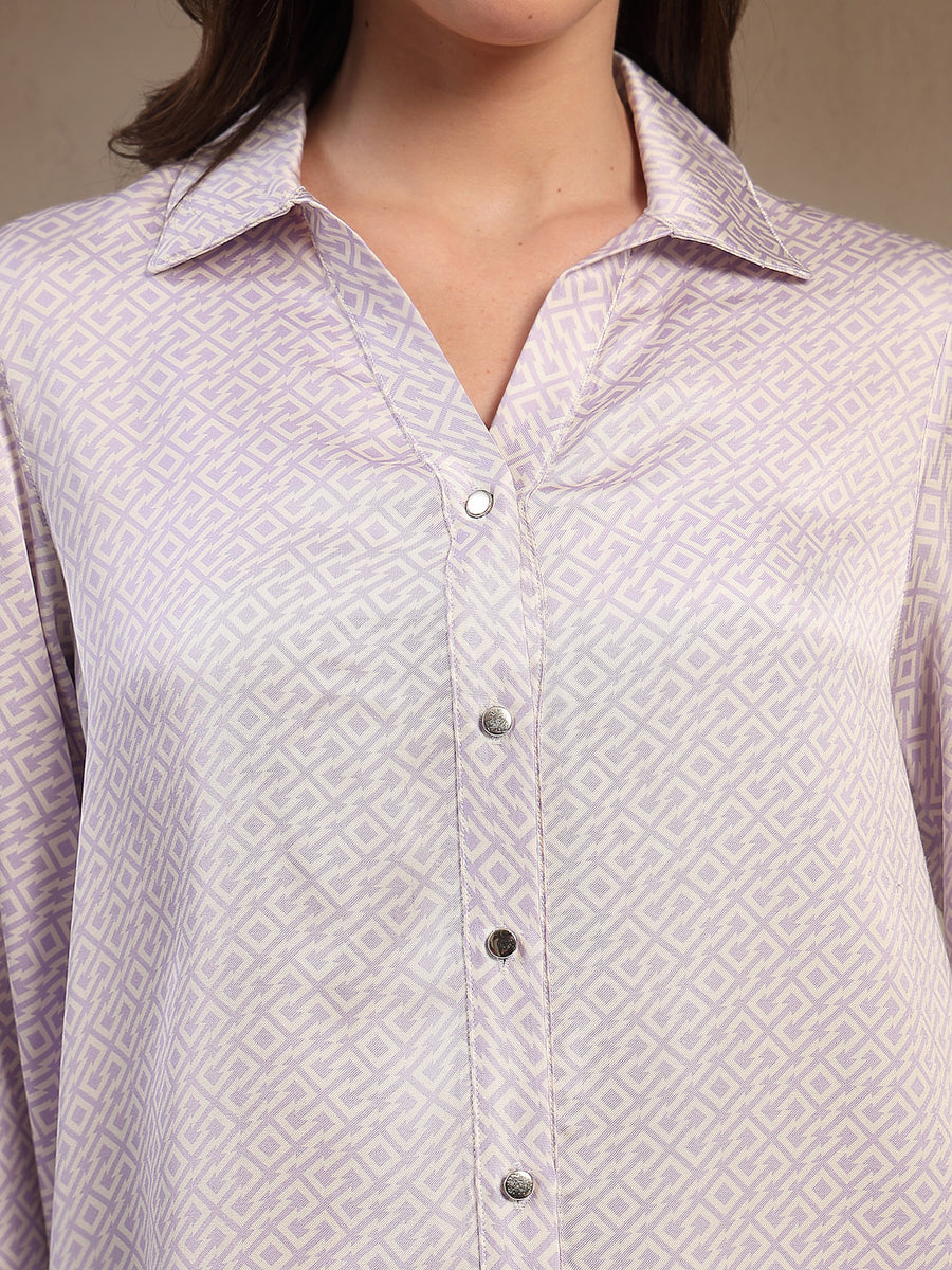 Light Mauve Printed Co-ord Set with Button-Down Top and Straight Pants