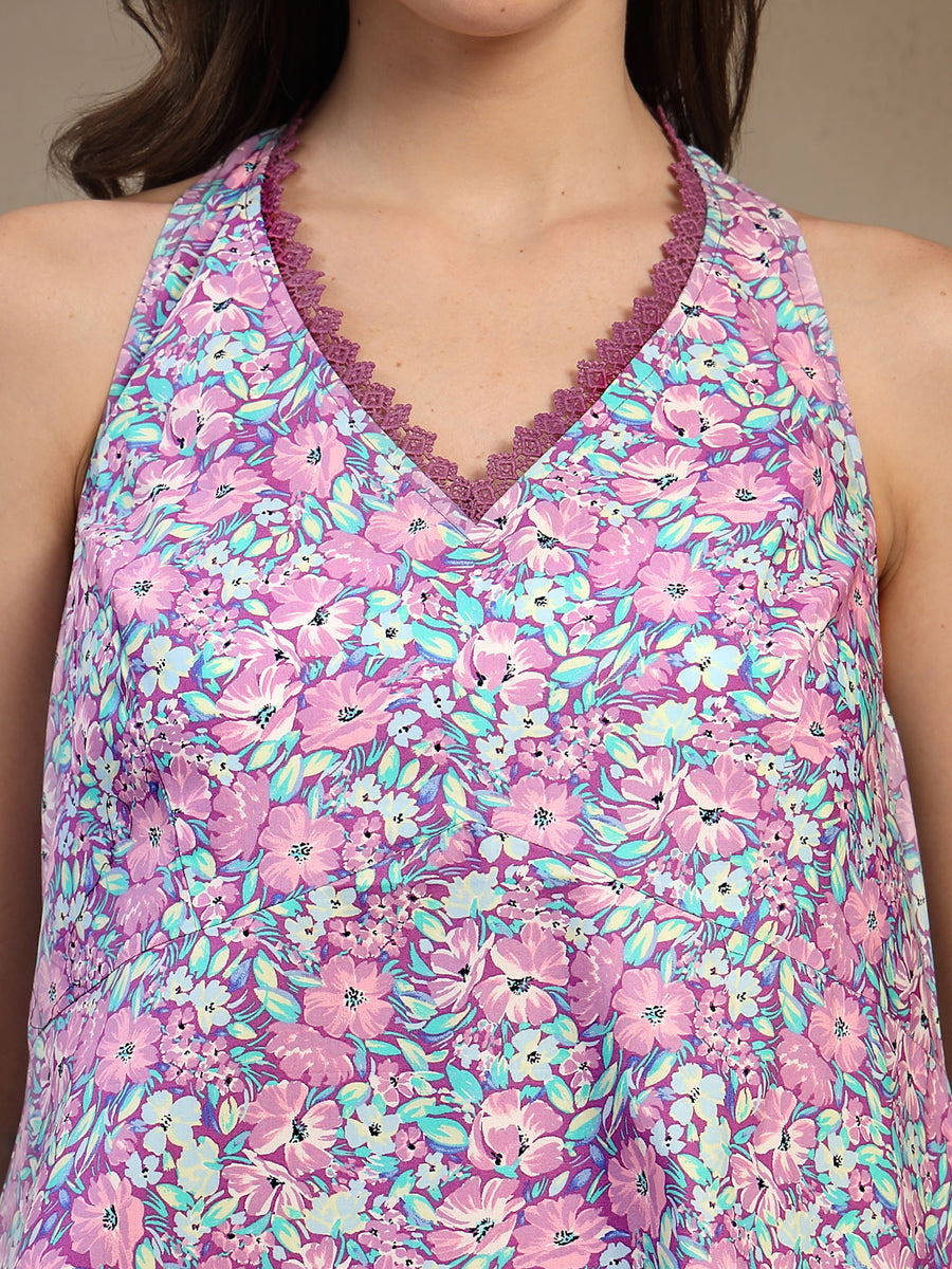 Floral Print Sleeveless Women's Co-ord Set in Pink & Purple