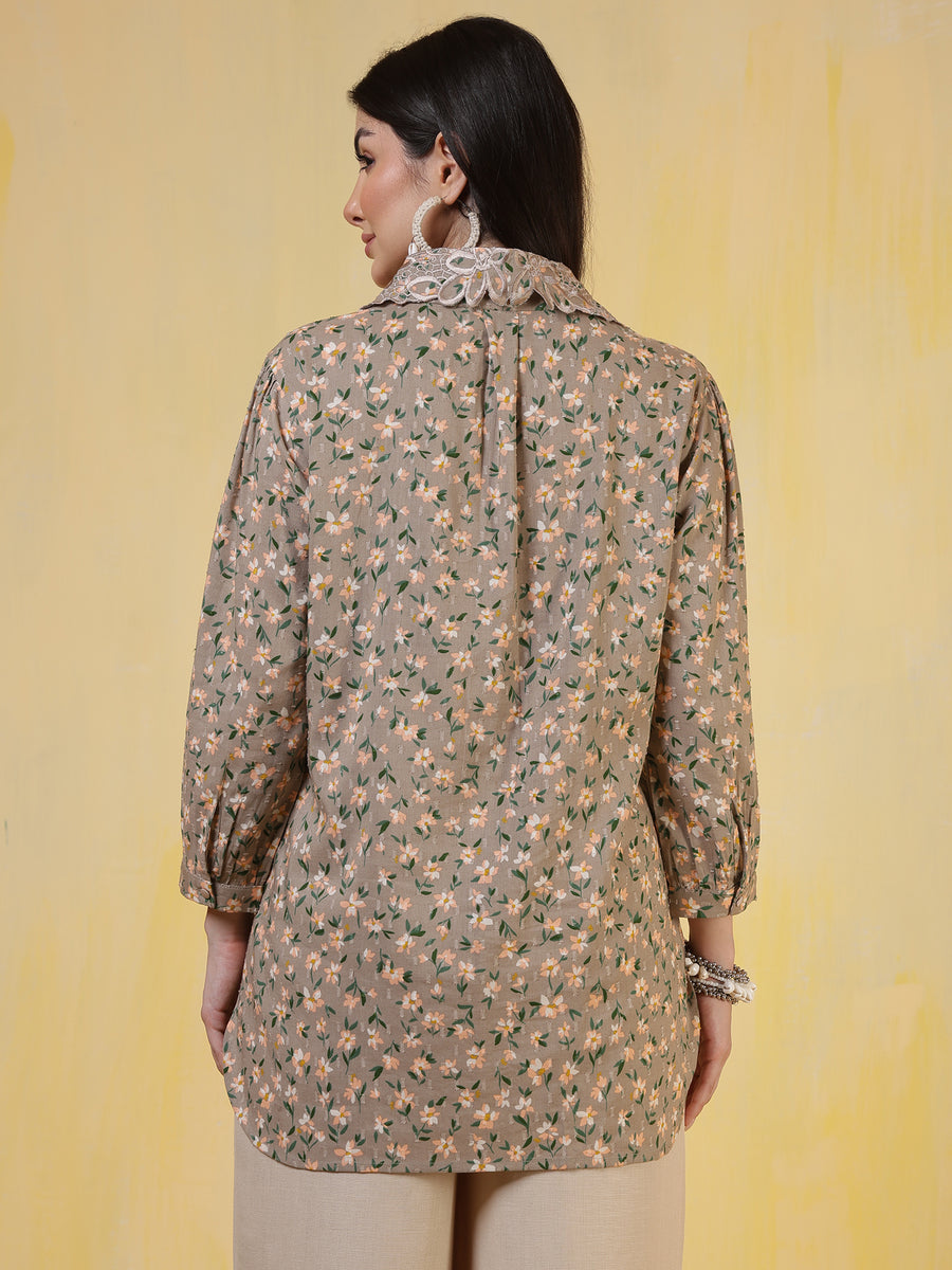 Beige Floral Printed Cotton Shirt for Women with Embroidered Detail & 3/4th Sleeves