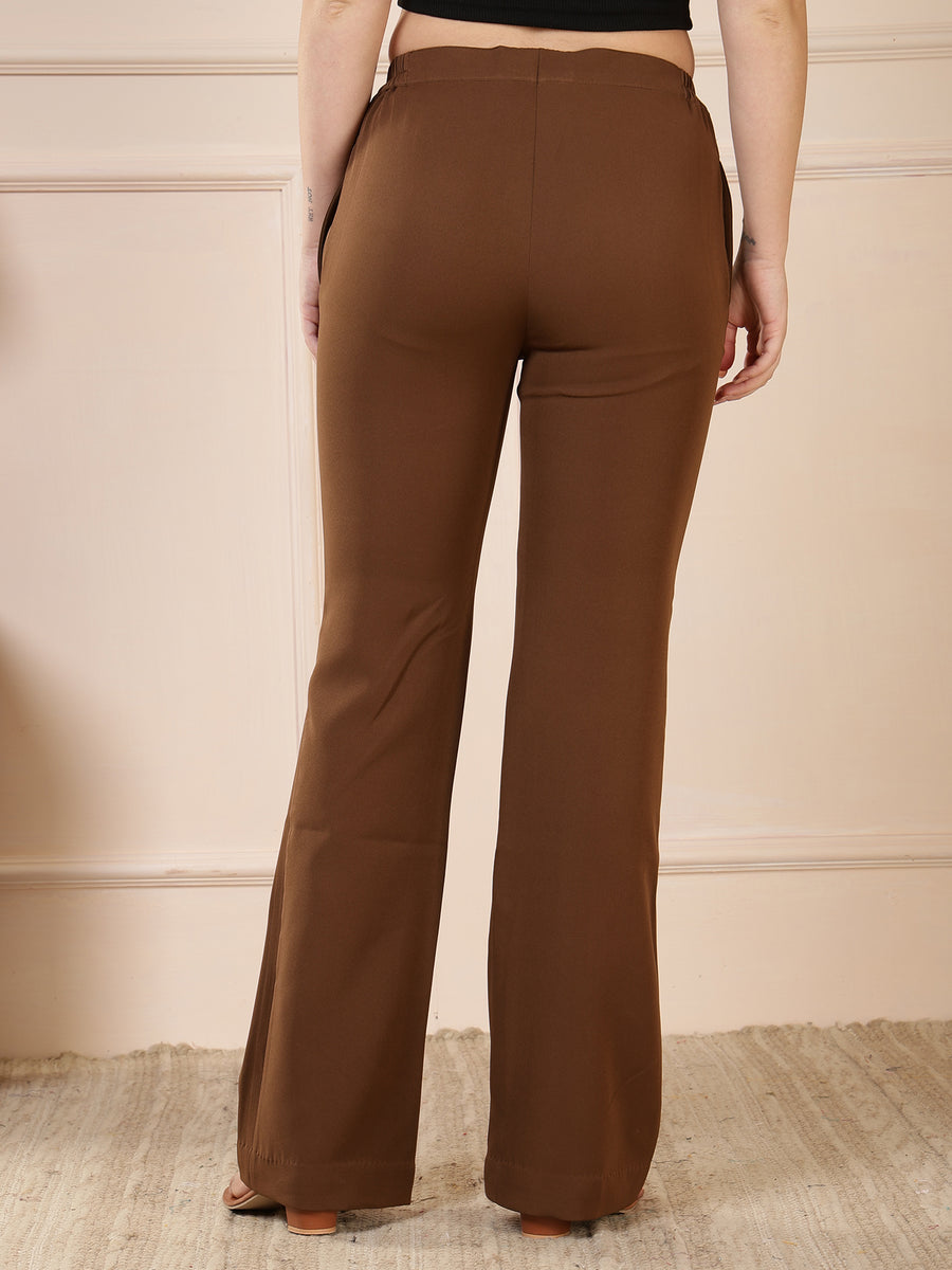 Brown Solid Straight Fit Formal Trousers