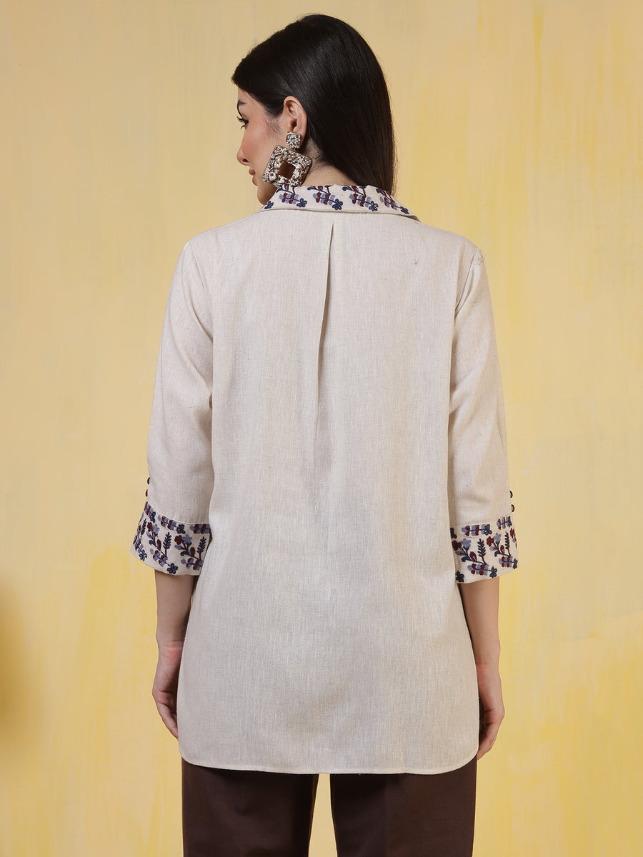 Beige Embroidered Cotton-Linen Shirt for Women with Contrast Collar & Cuff Detailing