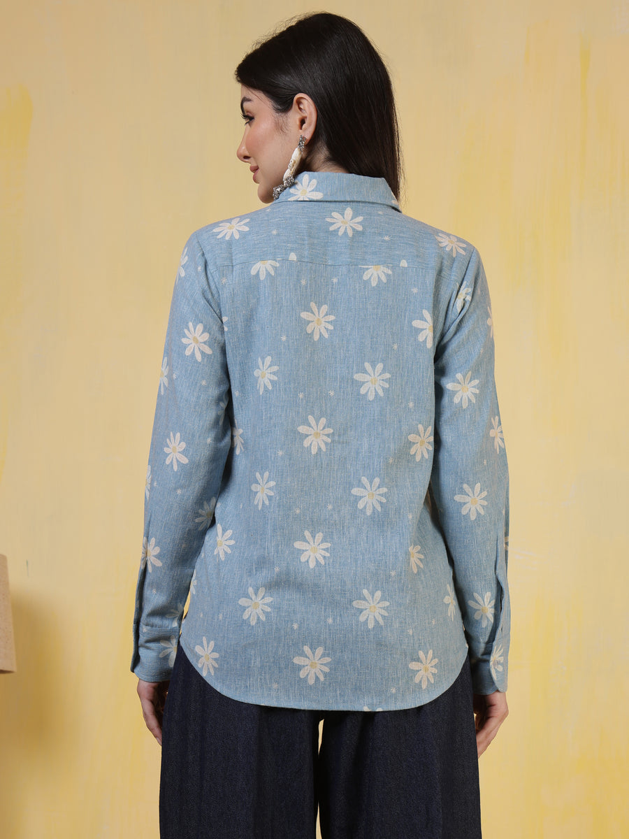 Women's Blue Floral Printed Cotton Denim-Look Shirt – Casual & Workwear