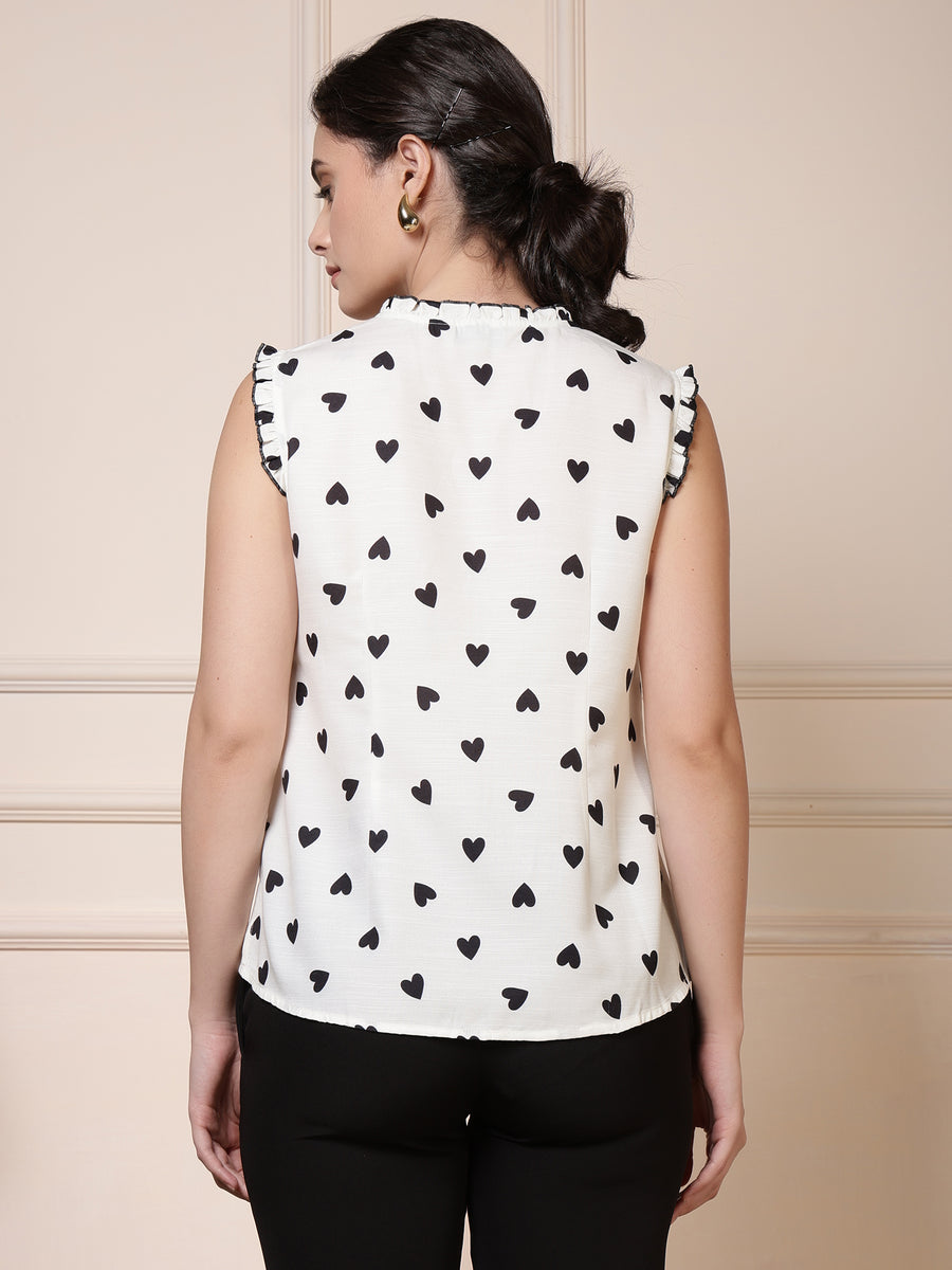 Women Heart Print Sleeveless Ruffle Top