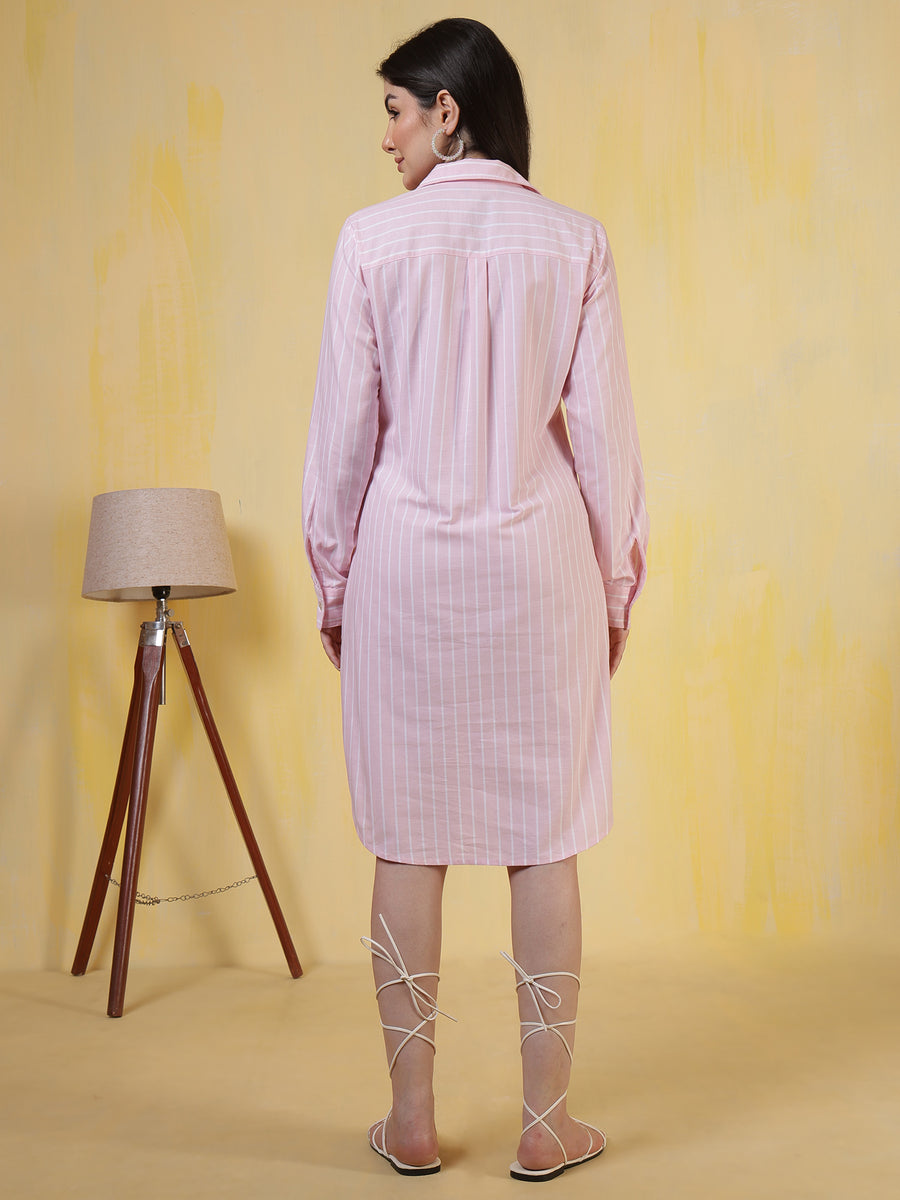 Women's Pink & White Stripe Cotton Shirt Dress – Long Sleeve Casual & Office Wear