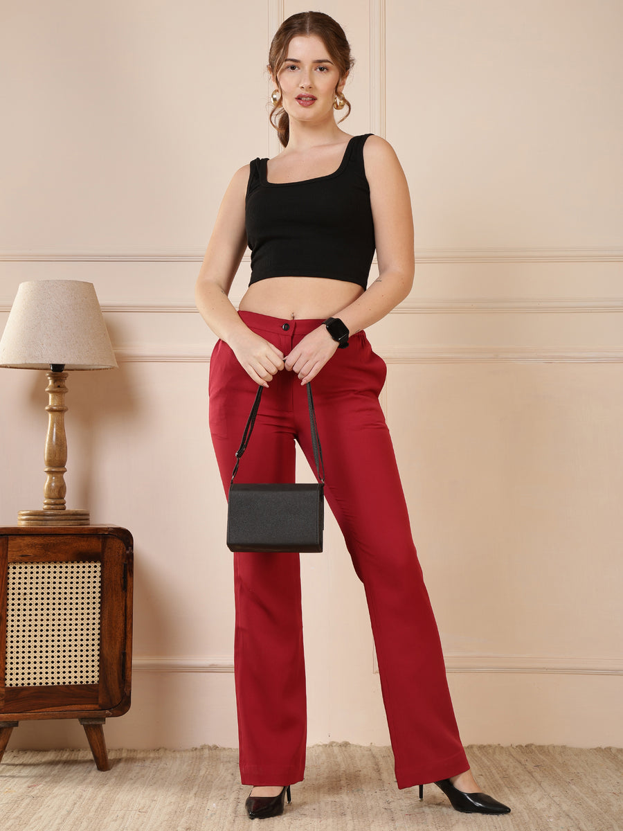 Berry Red Solid Straight Fit Formal Trousers