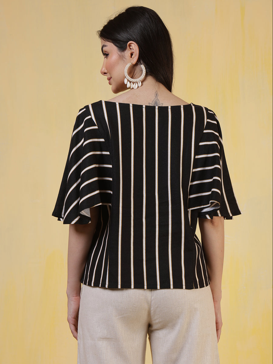Women's Black & Beige Vertical Stripe Flared Sleeve Cotton Top – Casual & Office Wear