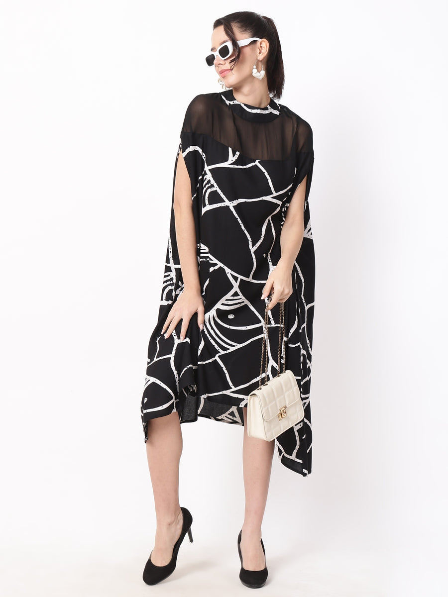 Buy Black Abstract High-Low Dress with Sheer Neckline Trendy Women's Dresses Online Ranng Buy Black Abstract High-Low Dress with Sheer Neckline Trendy Women's Dresses Online Ranng