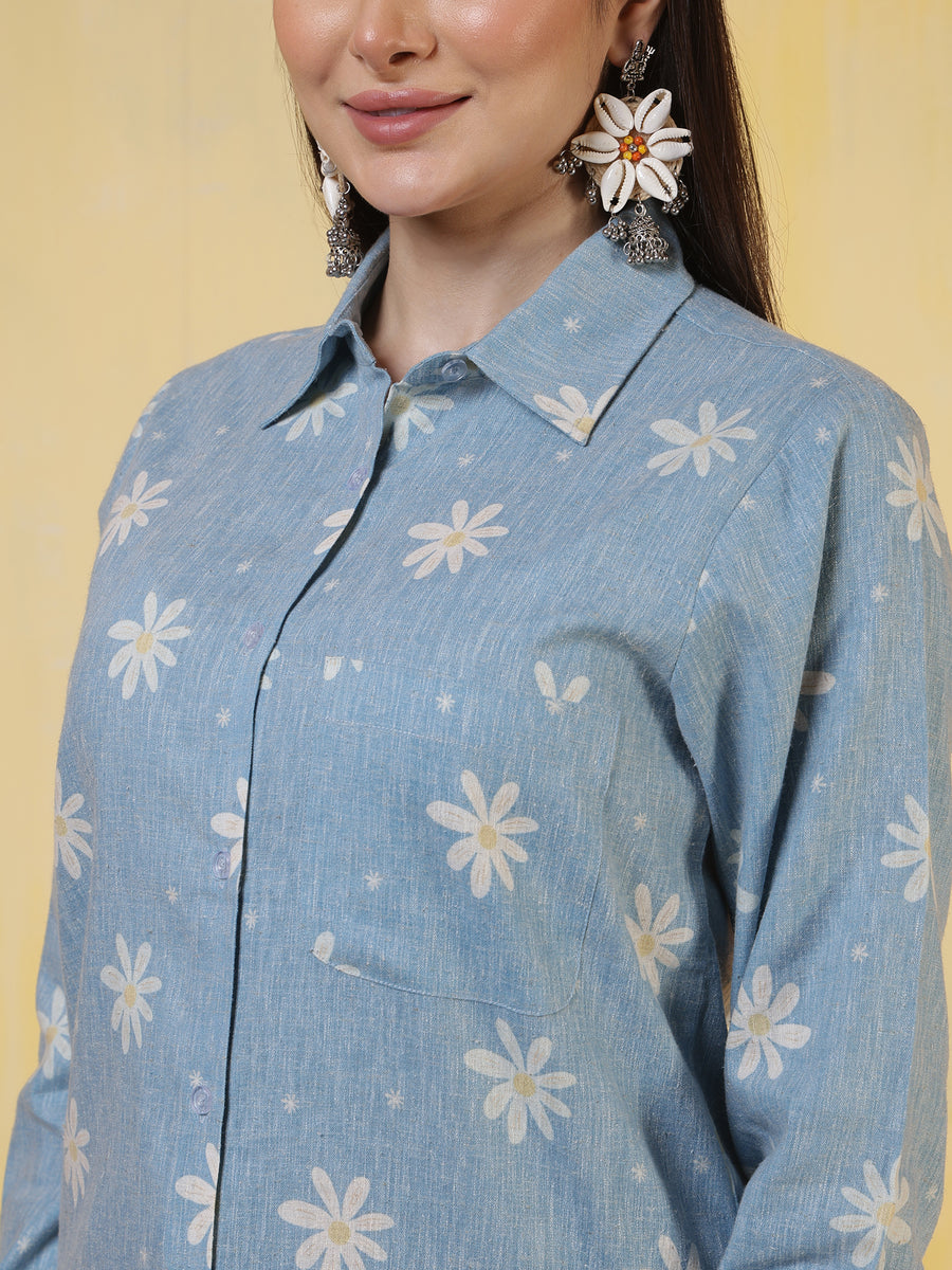 Women's Blue Floral Printed Cotton Denim-Look Shirt – Casual & Workwear