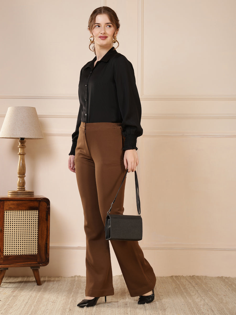 Brown Solid Straight Fit Formal Trousers
