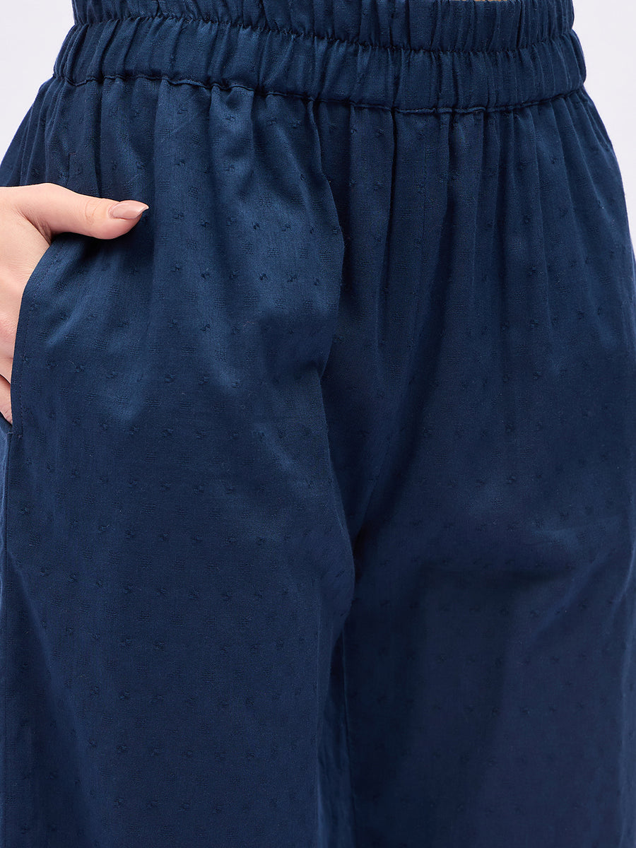 Women’s Navy Blue Sleeveless Kurta Set – Pearl Neckline Co-Ord Set with Wide Leg Pants