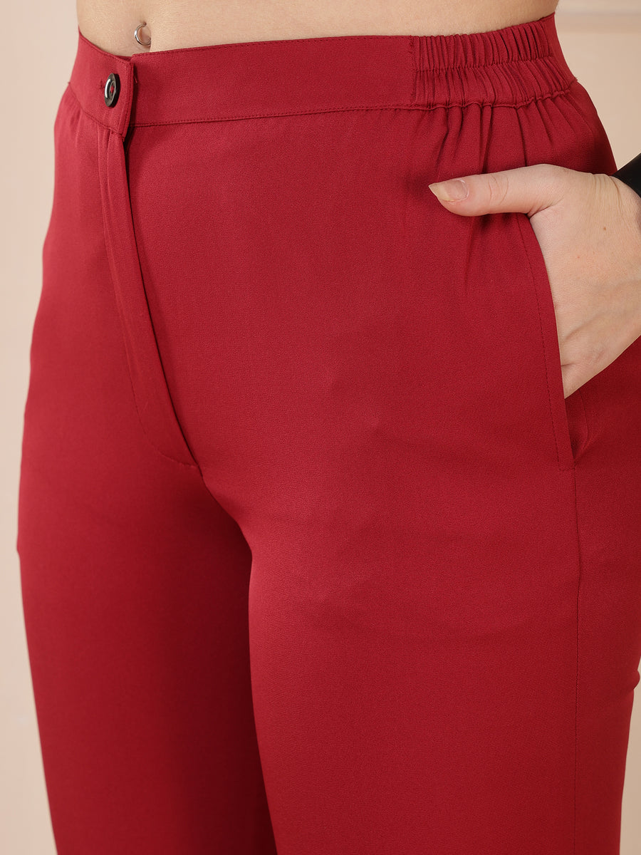 Berry Red Solid Straight Fit Formal Trousers