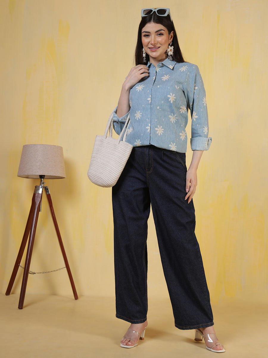 Women's Blue Floral Printed Cotton Denim-Look Shirt – Casual & Workwear