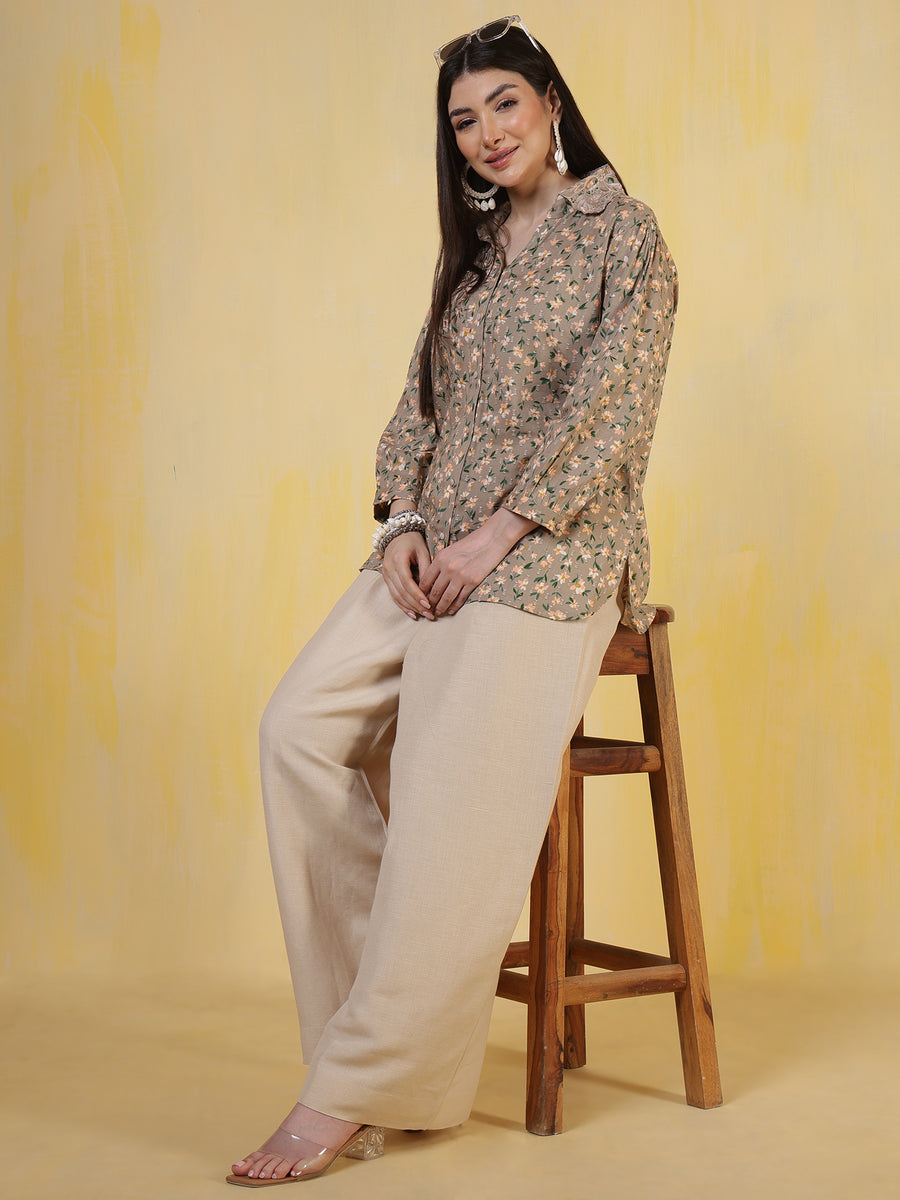 Beige Floral Printed Cotton Shirt for Women with Embroidered Detail & 3/4th Sleeves