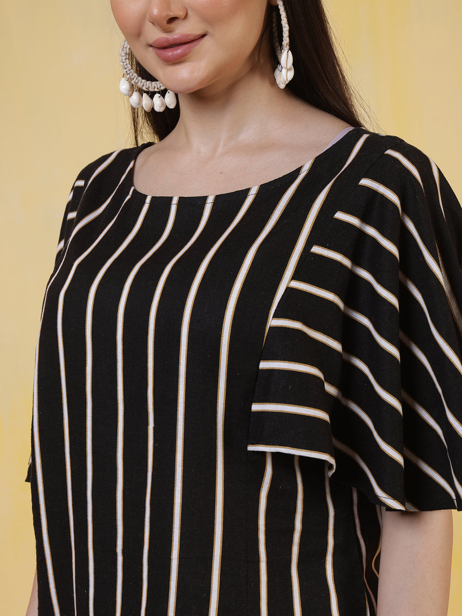 Women's Black & Beige Vertical Stripe Flared Sleeve Cotton Top – Casual & Office Wear