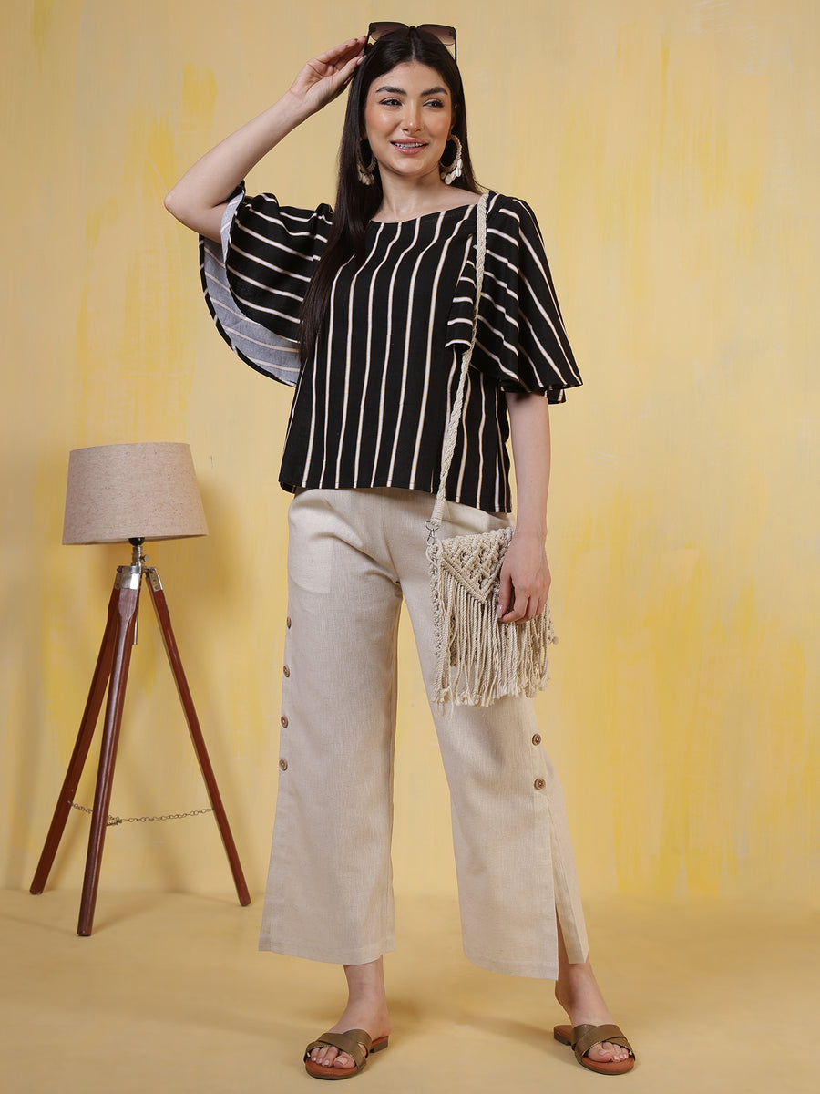 Women's Black & Beige Vertical Stripe Flared Sleeve Cotton Top – Casual & Office Wear