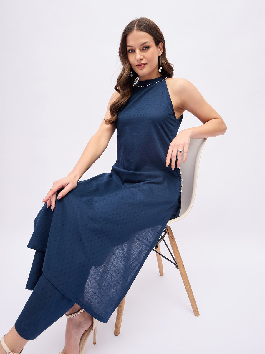 Women’s Navy Blue Sleeveless Kurta Set – Pearl Neckline Co-Ord Set with Wide Leg Pants