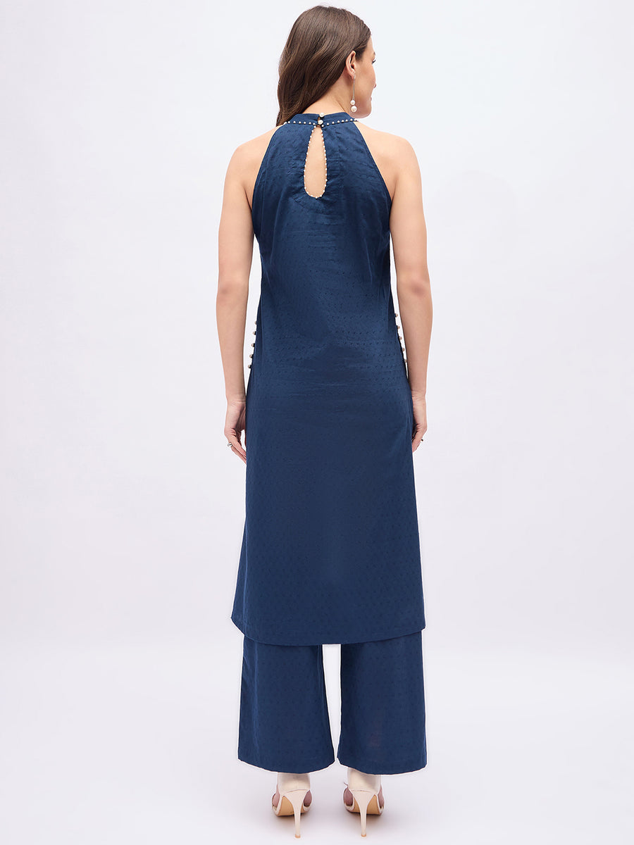 Women’s Navy Blue Sleeveless Kurta Set – Pearl Neckline Co-Ord Set with Wide Leg Pants