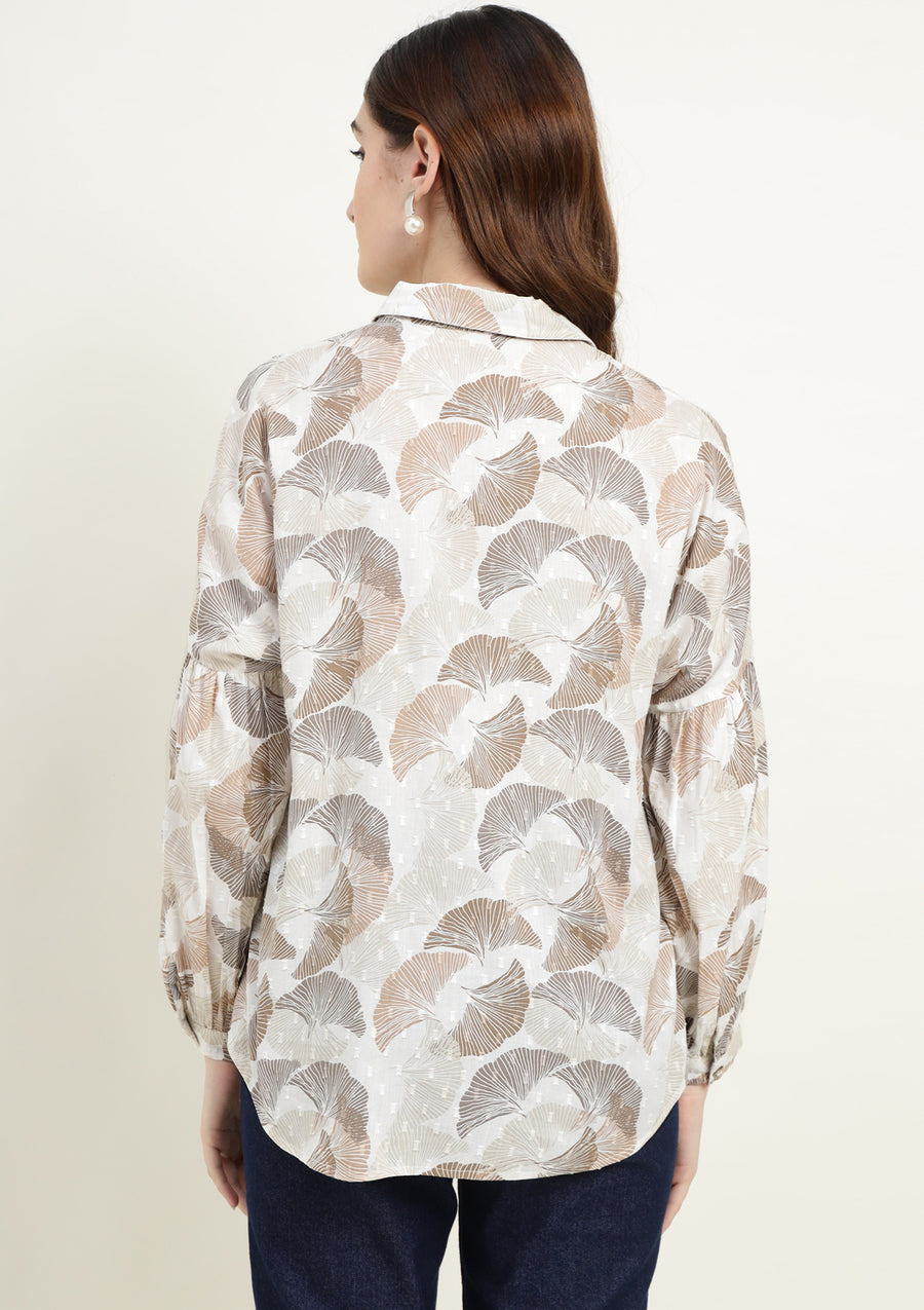 Beige & Brown Abstract Floral Balloon Sleeve Top for Women