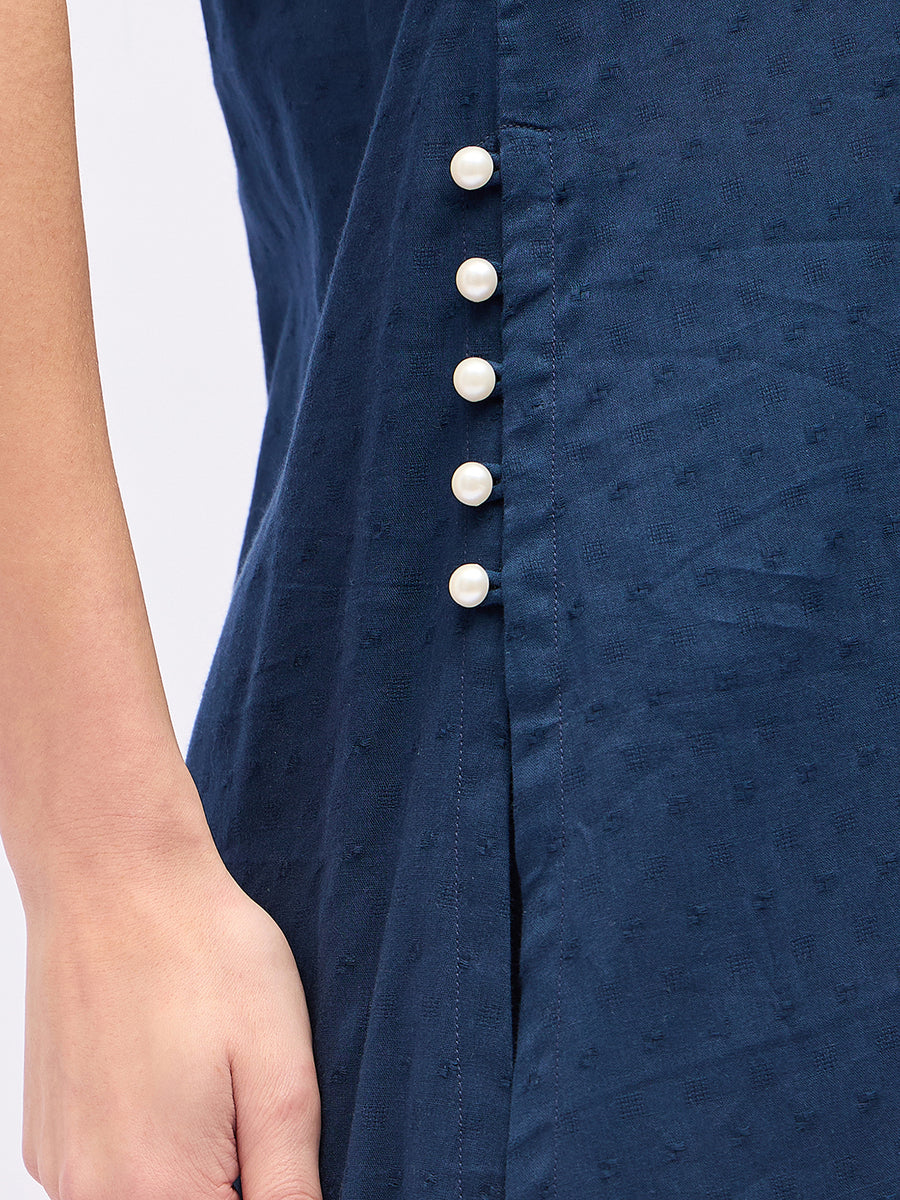 Women’s Navy Blue Sleeveless Kurta Set – Pearl Neckline Co-Ord Set with Wide Leg Pants