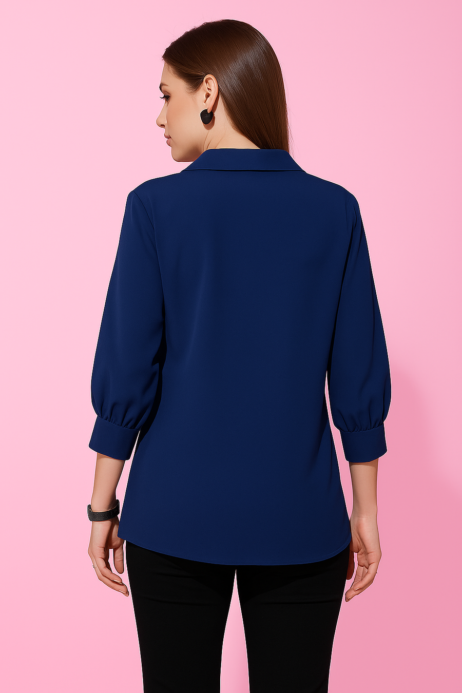 Navy Blue V-Neck 3/4 Sleeve Top for Women – Casual & Office Wear