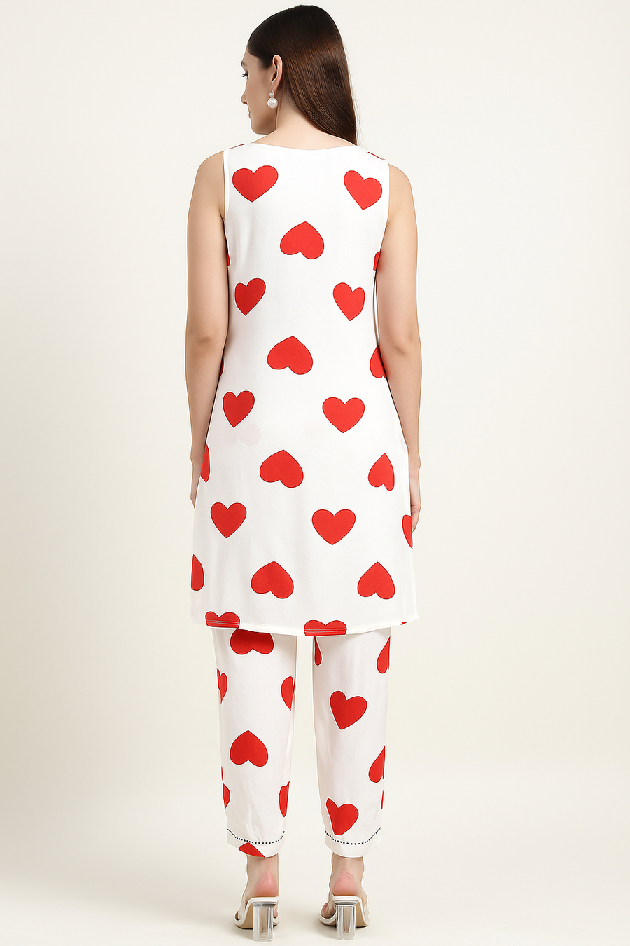White & Red Heart Print Co-ord Set for Women – Sleeveless Kurta with Pants