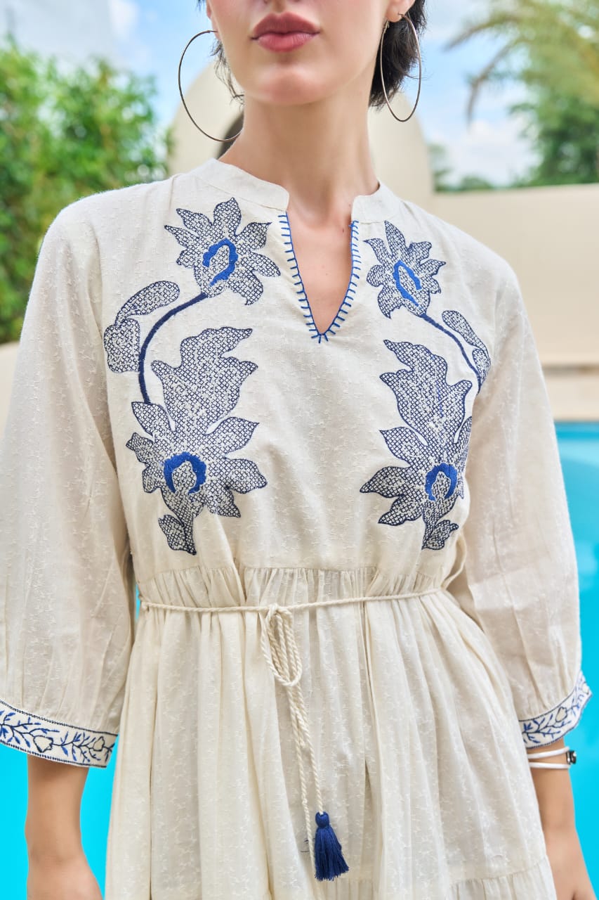 Ivory Boho Short Dress with Blue Floral Embroidery & Drawstring Waist