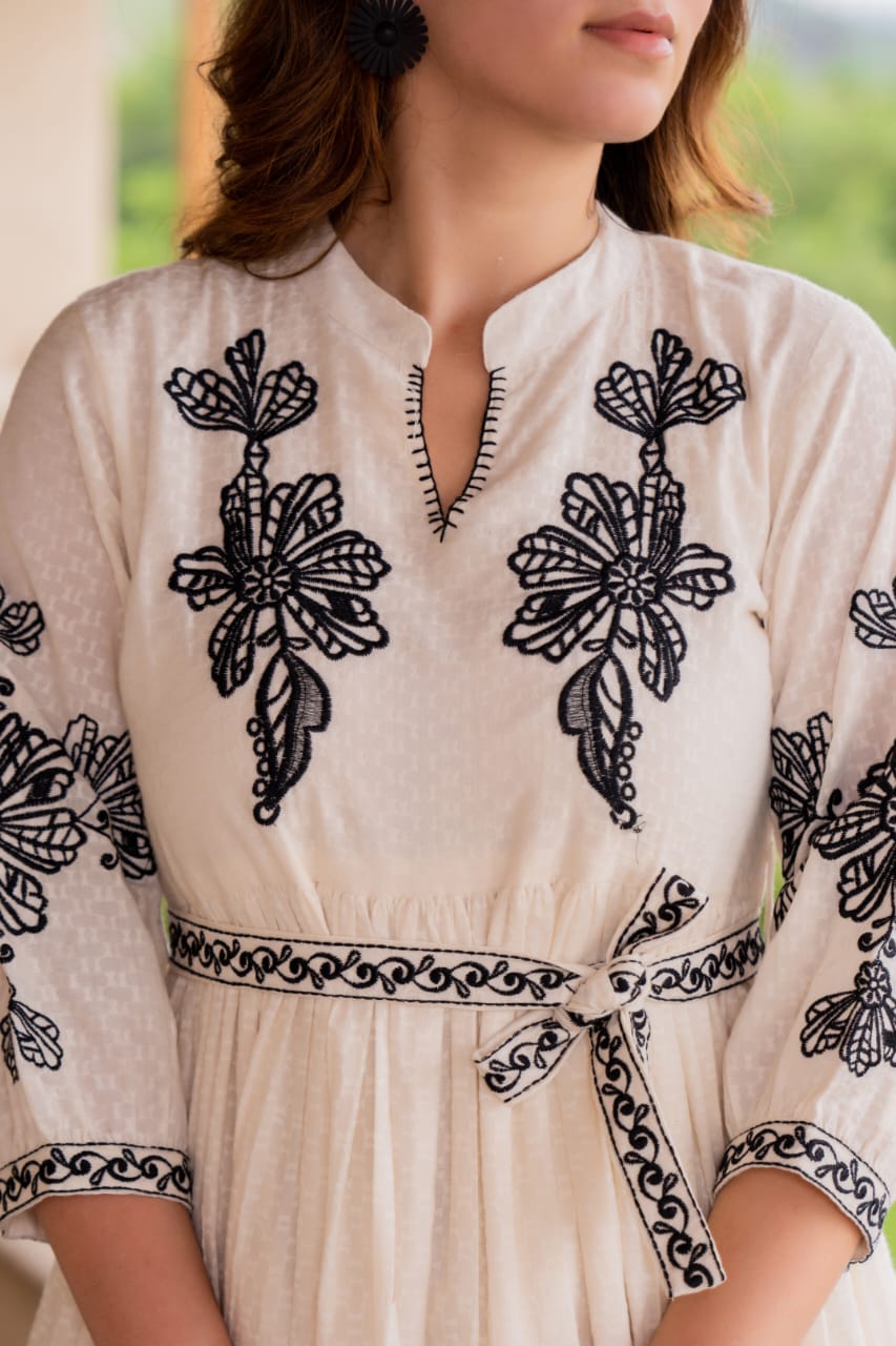 Ivory Short Flared Dress with Black Floral Embroidery & Keyhole Neckline